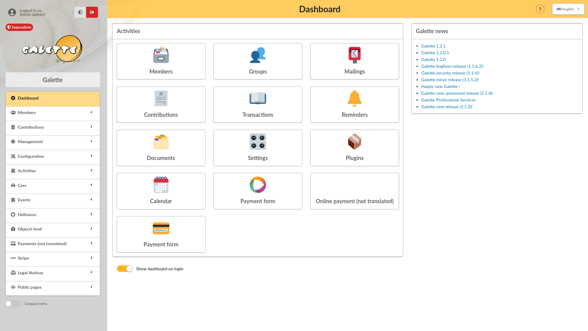 A screenshot of Galette Dashboard