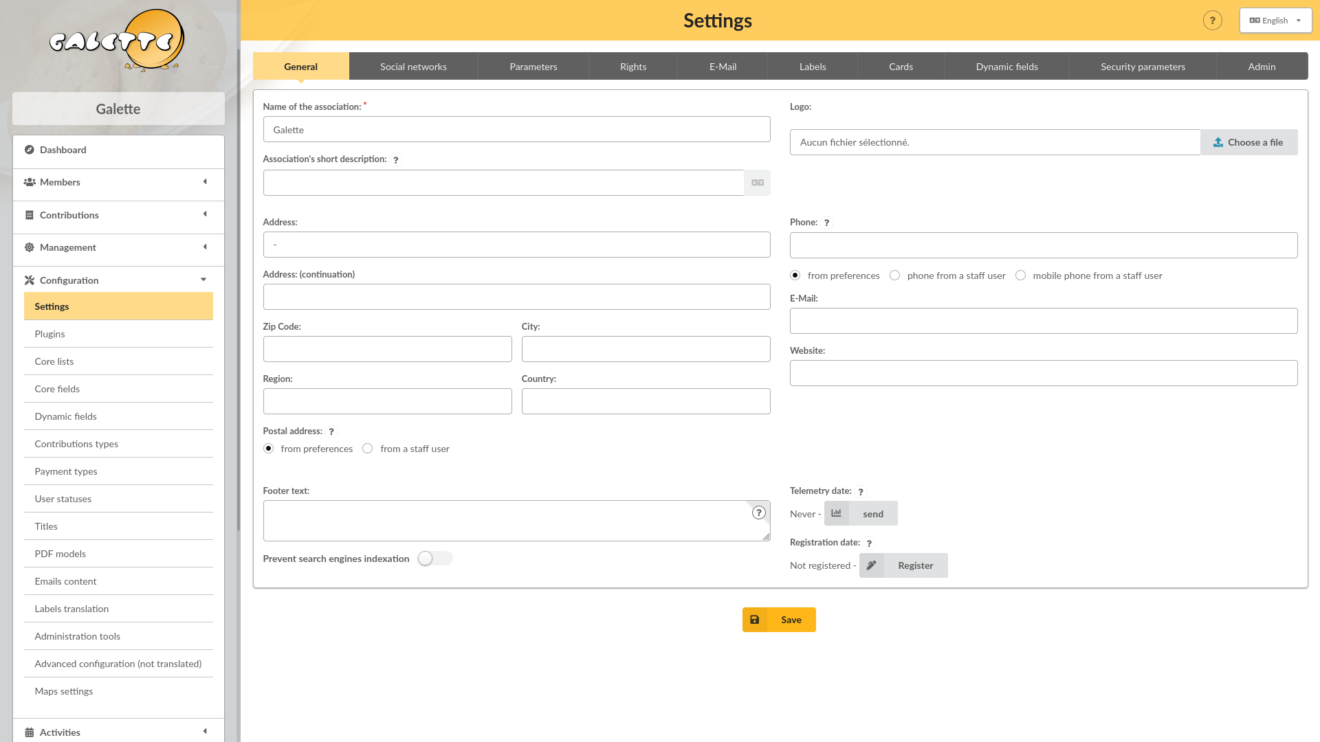 A screenshot of Galette Preferences